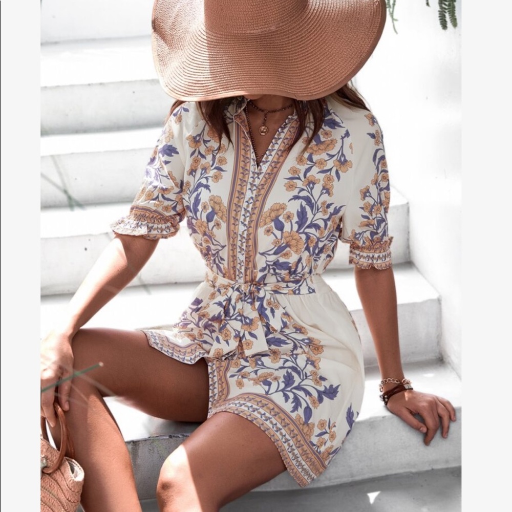 Boho Floral Print Puff Sleeves Tie Back Dress - Picture 6 of 8